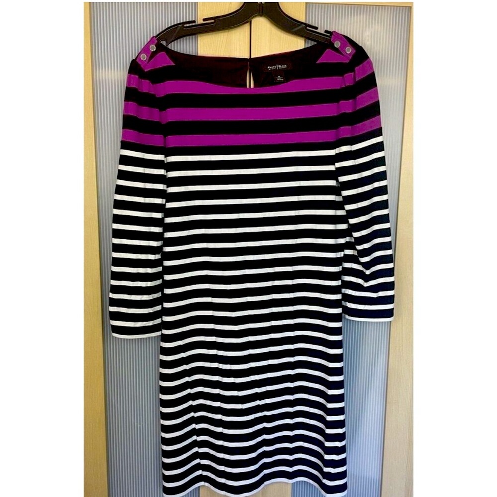 White House, black market striped dress- purple white black with 3/4 sleeves